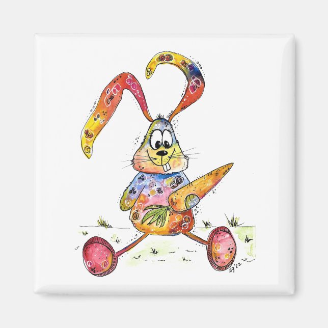 Cute Whimsical Colorful Bunny with Carrot Magnet (Front)