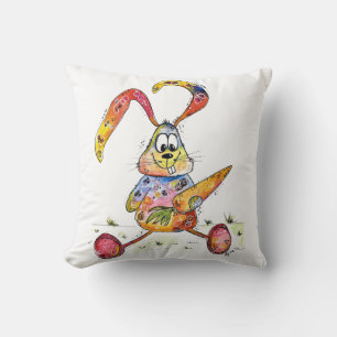 Cute Whimsical Colorful Bunny with Carrot Throw Pillow