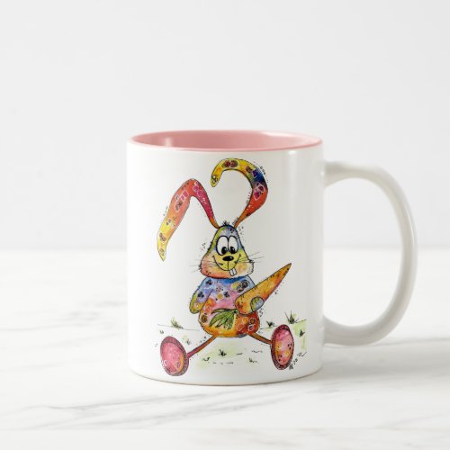 Cute Whimsical Colorful Bunny with Carrot Two_Tone Coffee Mug