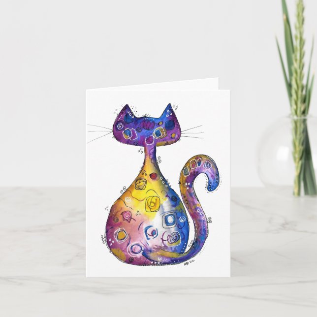 Cute Whimsical Colorful Cat Card (Front)