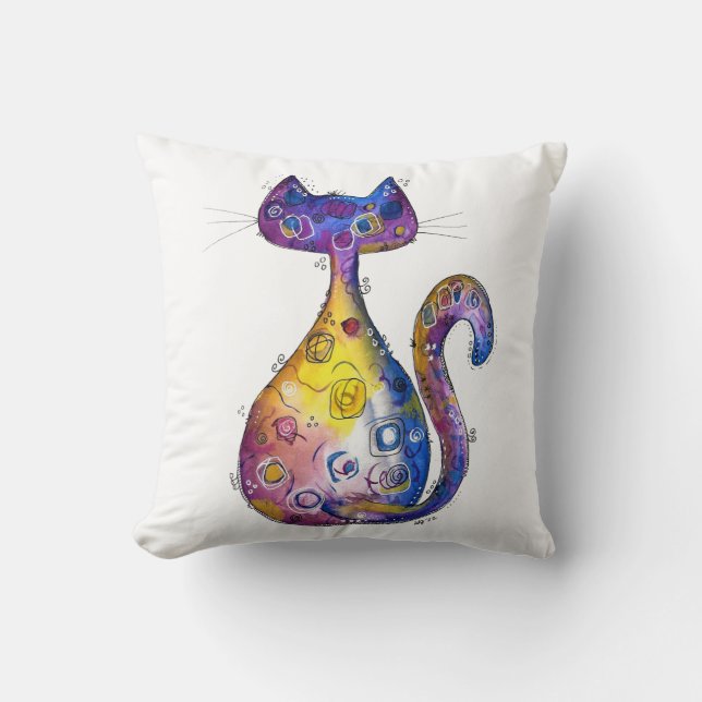 Cute Whimsical Colorful Cat Throw Pillow (Front)