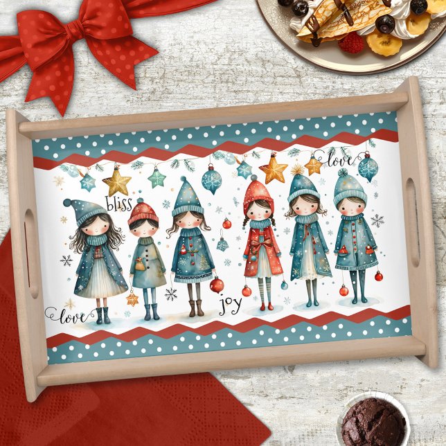 Cute Whimsical Colorful Christmas Winter  Serving Tray (Serving tray featuring a girly whimsical illustration in a Christmas winter snow style)