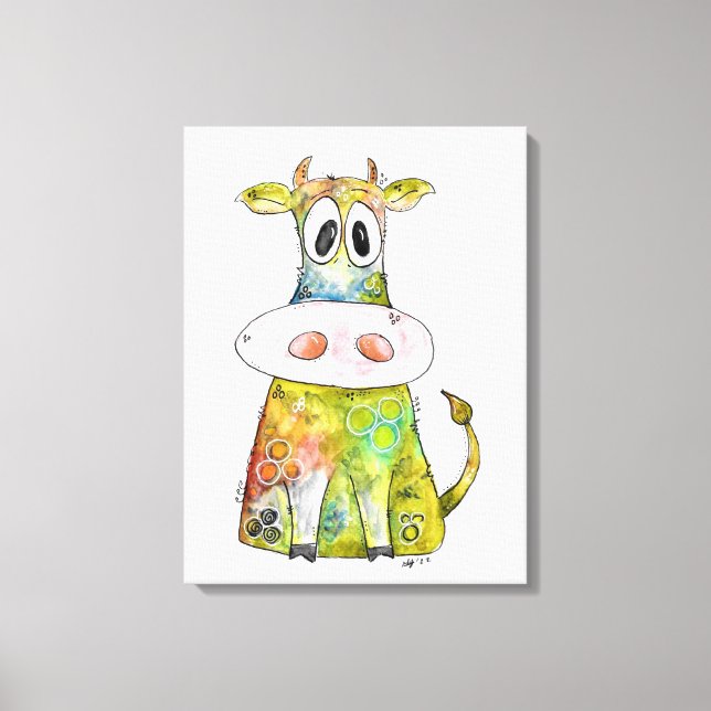 Cute Whimsical Colorful Cow Canvas Print (Front)