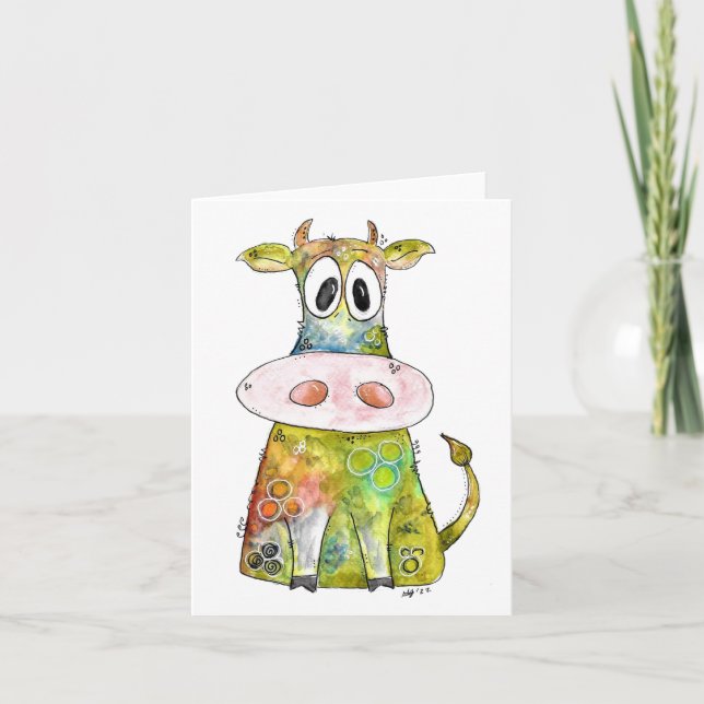 Cute Whimsical Colorful Cow Card (Front)