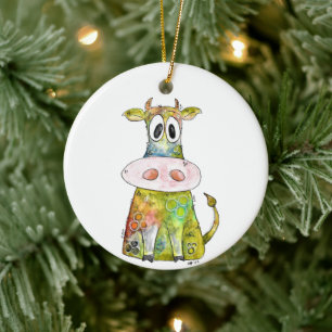 Cute Whimsical Colorful Cow Ceramic Ornament