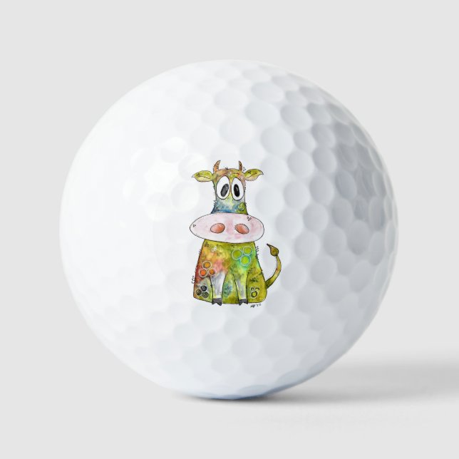 Cute Whimsical Colorful Cow Golf Balls (Front)