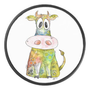 Cute Whimsical Colorful Cow Hockey Puck
