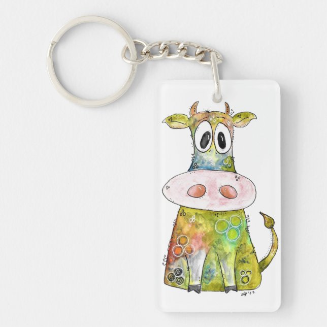 Cute Whimsical Colorful Cow Keychain (Front)