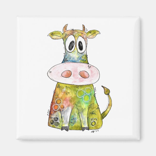 Cute Whimsical Colorful Cow Magnet (Front)