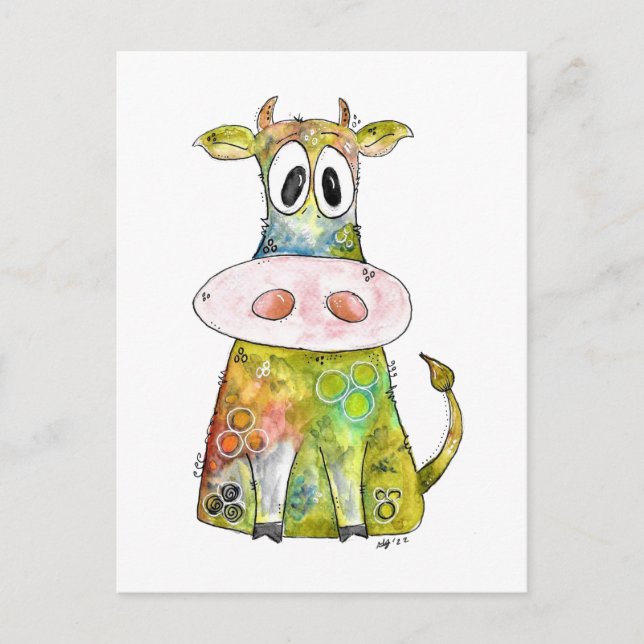 Cute Whimsical Colorful Cow Postcard (Front)