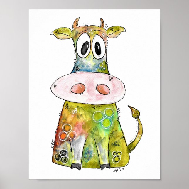 Cute Whimsical Colorful Cow Poster (Front)