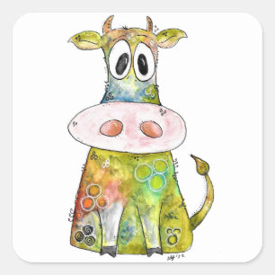 Cute Whimsical Colorful Cow Square Sticker