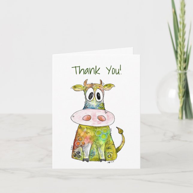 Cute Whimsical Colorful Cow Thank You Card (Front)