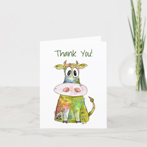 Cute Whimsical Colorful Cow Thank You Card