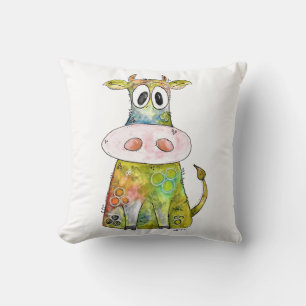 Cute Whimsical Colorful Cow Throw Pillow