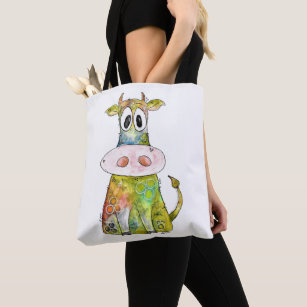 Cute Whimsical Colorful Cow Tote Bag