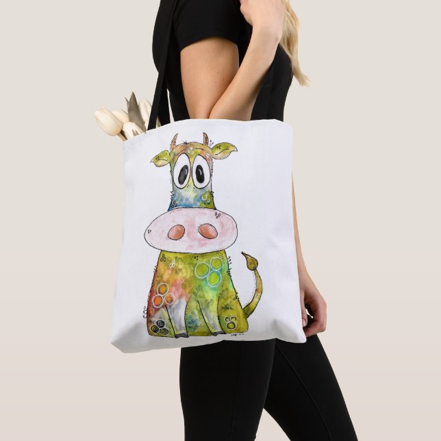 Cute Whimsical Colorful Cow Tote Bag (Close Up)