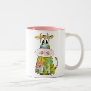 Cute Whimsical Colorful Cow Two-Tone Coffee Mug