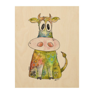 Cute Whimsical Colorful Cow Wood Wall Art