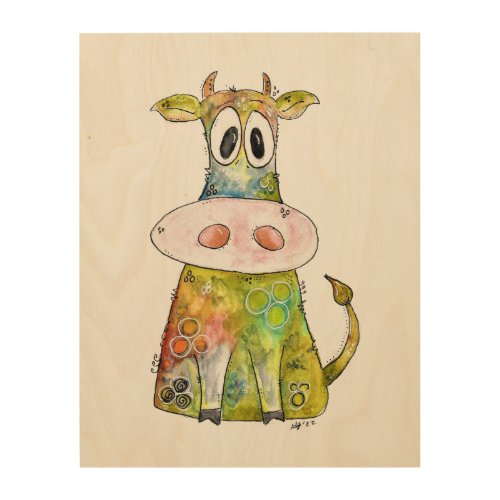 Cute Whimsical Colorful Cow Wood Wall Art