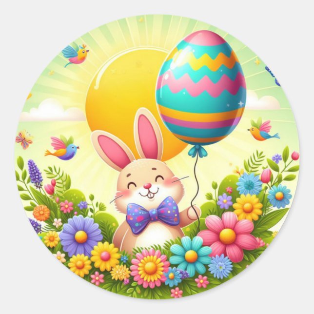 Cute, whimsical & colorful Easter bunny Classic Round Sticker (Front)