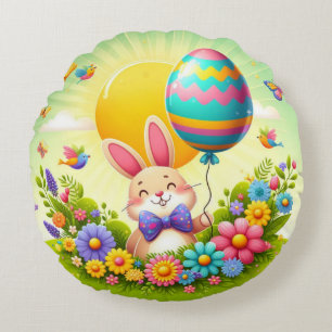 Cute, whimsical & colorful Easter bunny Round Pillow