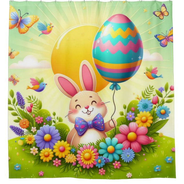 Cute, whimsical & colorful Easter bunny Shower Curtain (Front)