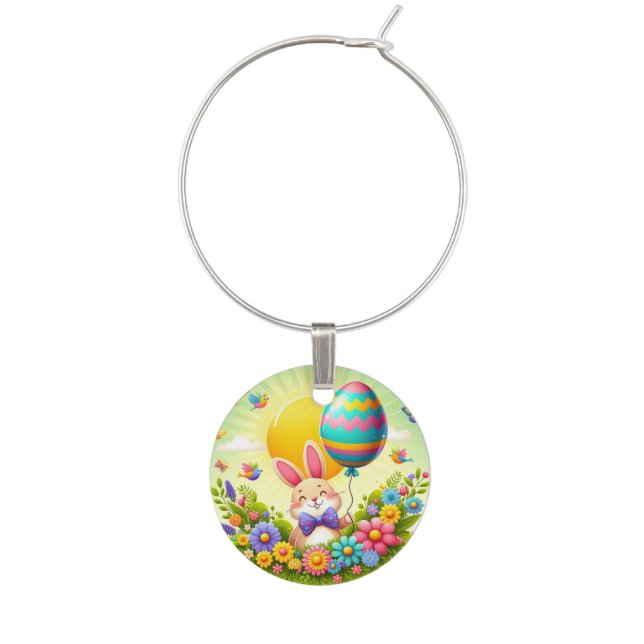 Cute, whimsical & colorful Easter bunny Wine Charm (Front)