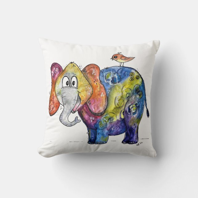 Cute Whimsical Colorful Elephant Throw Pillow (Front)