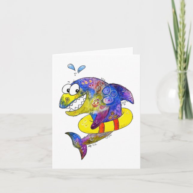 Cute Whimsical Colorful Shark in Float Card (Front)