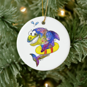 Cute Whimsical Colorful Shark in Float Ceramic Ornament