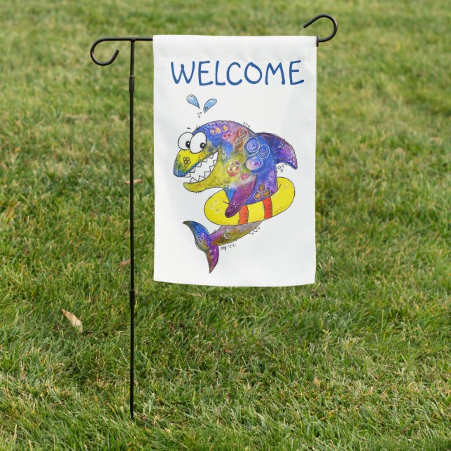 Cute Whimsical Colorful Shark in Float Garden Flag (In SItu)