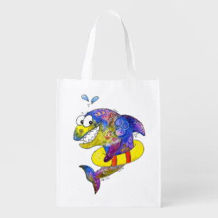 Cute Whimsical Colorful Shark in Float Grocery Bag