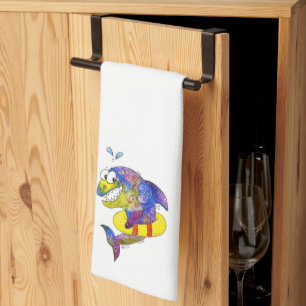 Cute Whimsical Colorful Shark in Float Kitchen Towel