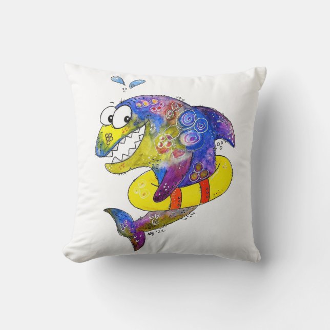 Cute Whimsical Colorful Shark in Float Throw Pillow (Front)