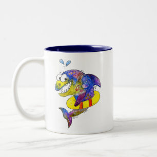 Cute Whimsical Colorful Shark in Float Two-Tone Coffee Mug