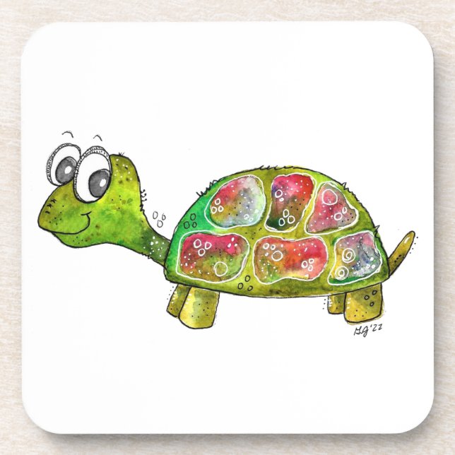 Cute Whimsical Colorful Turtle Beverage Coaster (Front)