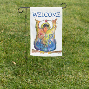Cute Whimsical Confused Owl Garden Flag