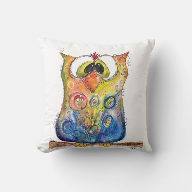 Cute Whimsical Confused Owl Throw Pillow (Front)