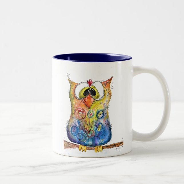 Cute Whimsical Confused Owl Two-Tone Coffee Mug (Right)