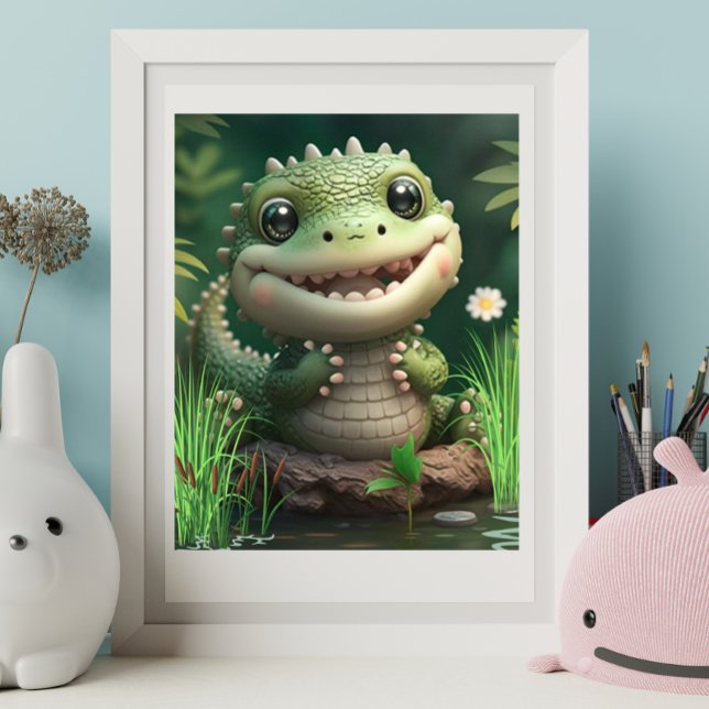 Cute Whimsical Crocodile smiling near Pond Art Poster (Creator Uploaded)