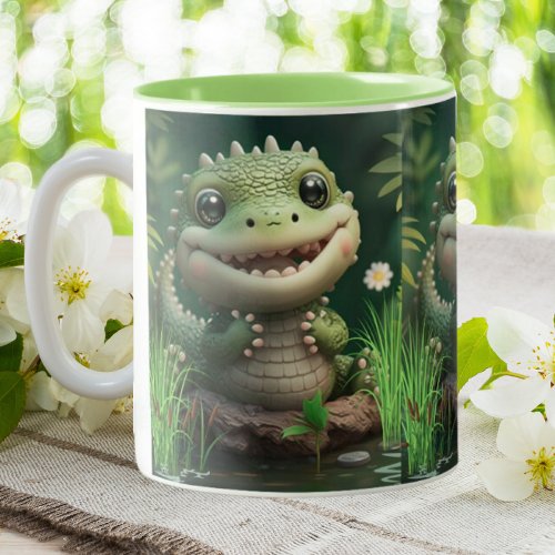 Cute Whimsical Crocodile smiling near Pond  Two_Tone Coffee Mug