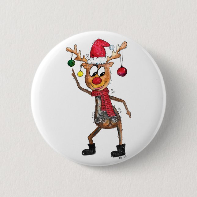 Cute Whimsical Dancing Christmas Deer Button (Front)