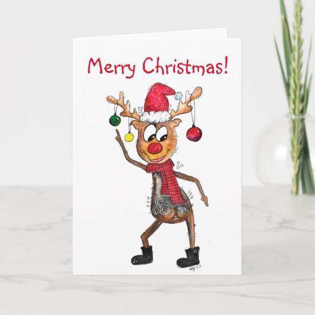 Cute Whimsical Dancing Christmas Deer Card (Front)