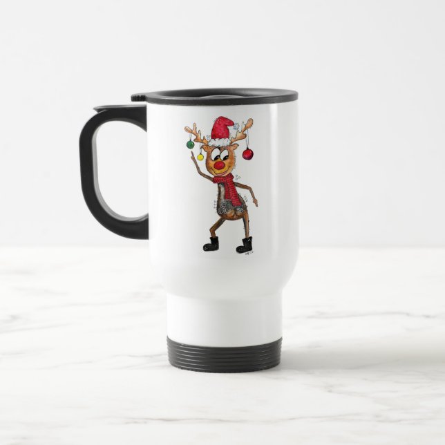 Cute Whimsical Dancing Christmas Deer Travel Mug (Left)