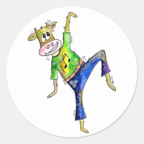 Cute Whimsical Dancing Cow Classic Round Sticker