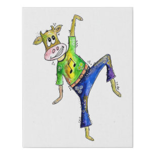 Cute Whimsical Dancing Cow Faux Canvas Print