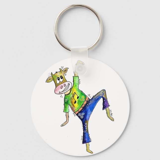 Cute Whimsical Dancing Cow Keychain (Front)