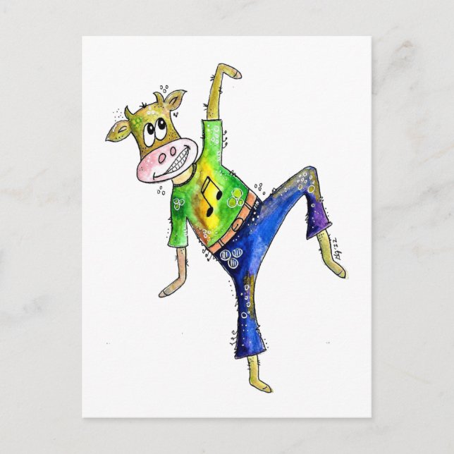 Cute Whimsical Dancing Cow Postcard (Front)