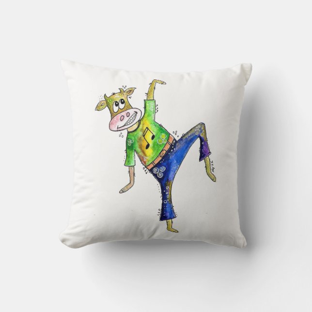 Cute Whimsical Dancing Cow Throw Pillow (Front)
